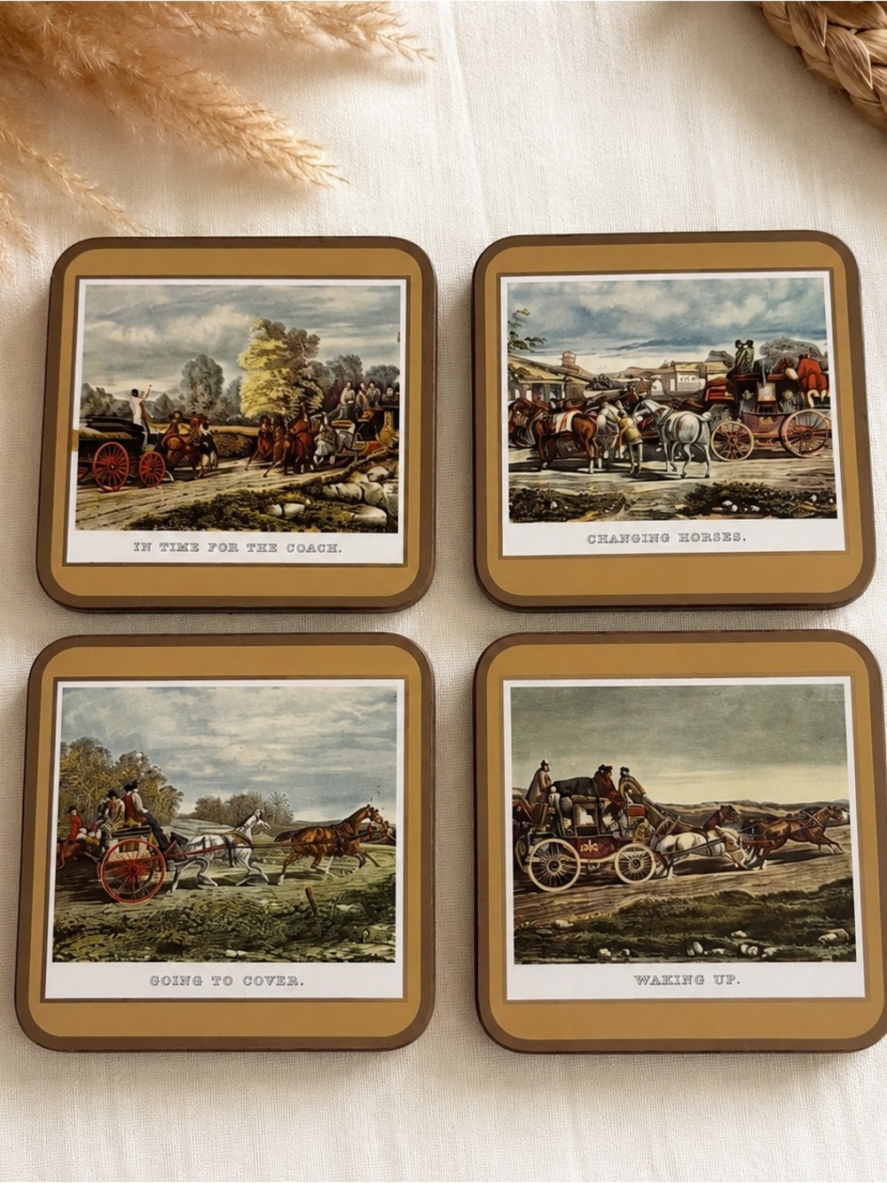 VINTAGE PIMPERNEL COASTERS MOORS STAGECOACH HORSES GOLD BORDER - EUC